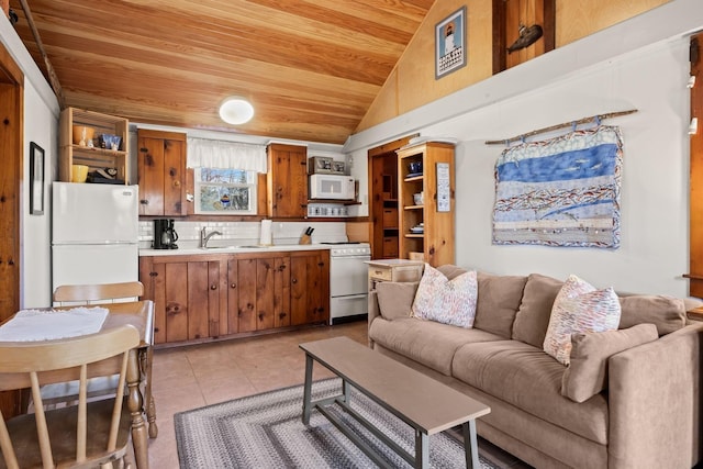 living room with lofted ceiling, wooden ceiling, and light tile patterned floors
