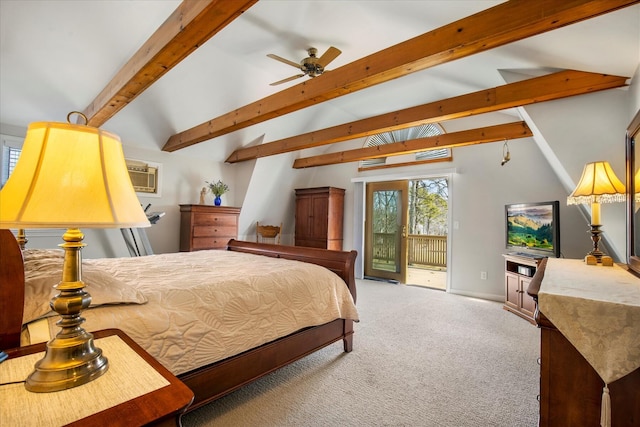 bedroom with vaulted ceiling with beams, access to outside, and carpet floors