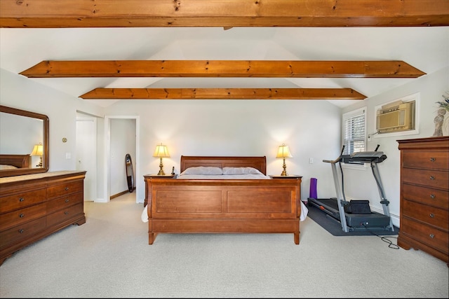 bedroom featuring light colored carpet, a wall unit AC, and lofted ceiling with beams