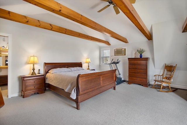 bedroom with a wall mounted air conditioner, light colored carpet, and lofted ceiling with beams