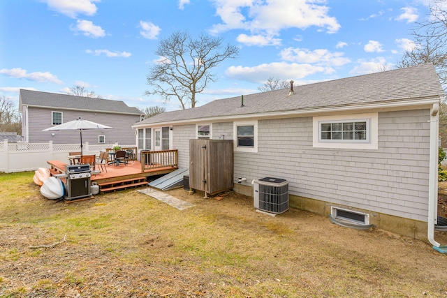20 Uncle Percys Rd, Mashpee, MA 02649 - rear view of property with central AC, a wooden deck, and a shingled roof