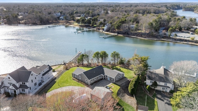 drone / aerial view with a water view