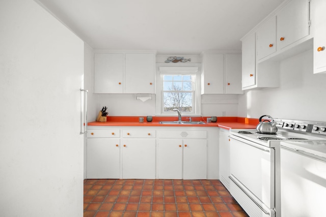 kitchen featuring light countertops, a sink, white cabinetry, and white range with electric stovetop