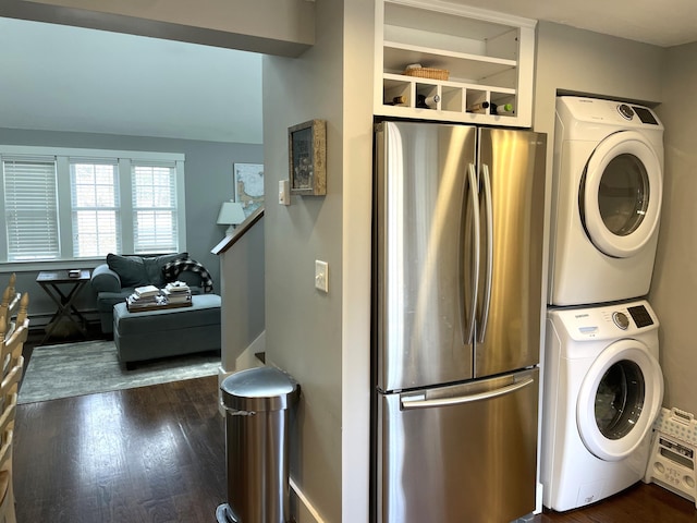 16 Regency Dr, Sagamore, MA 02561 - laundry room featuring stacked washer and clothes dryer and dark wood-type flooring