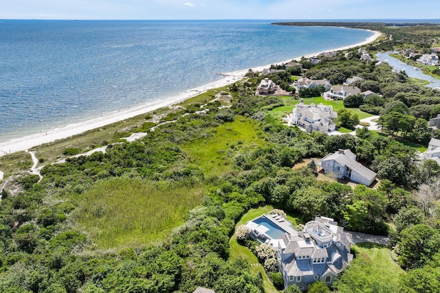 bird's eye view with a view of the beach and a water view