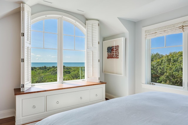 bedroom with a water view, baseboards, and visible vents