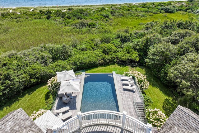 drone / aerial view featuring a water view