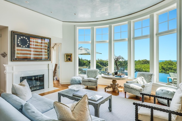 living area featuring a glass covered fireplace, wood finished floors, a towering ceiling, and baseboards