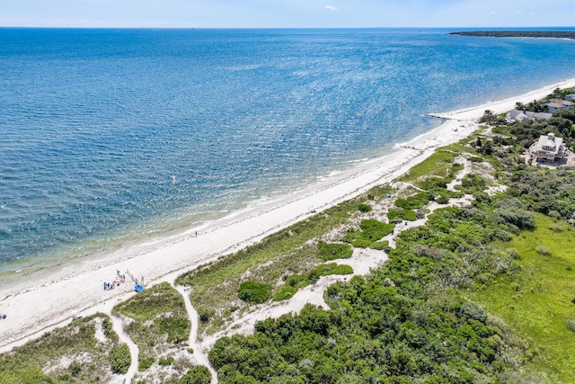 aerial view featuring a view of the beach and a water view
