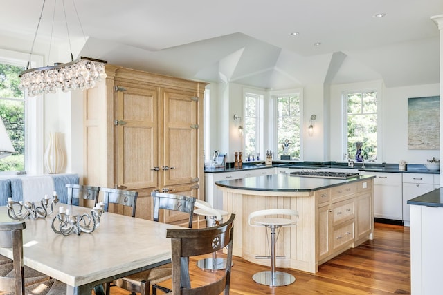 kitchen featuring dark countertops, a center island, wood finished floors, and a wealth of natural light