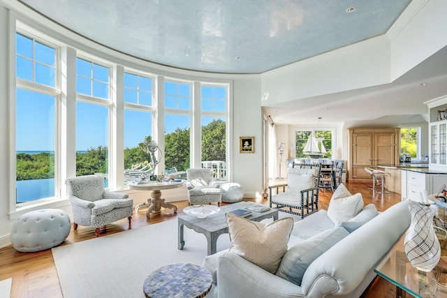living room featuring baseboards, a towering ceiling, and light wood finished floors