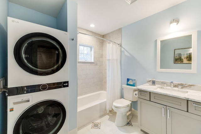 bathroom with toilet, stacked washing maching and dryer, shower / tub combo with curtain, and vanity