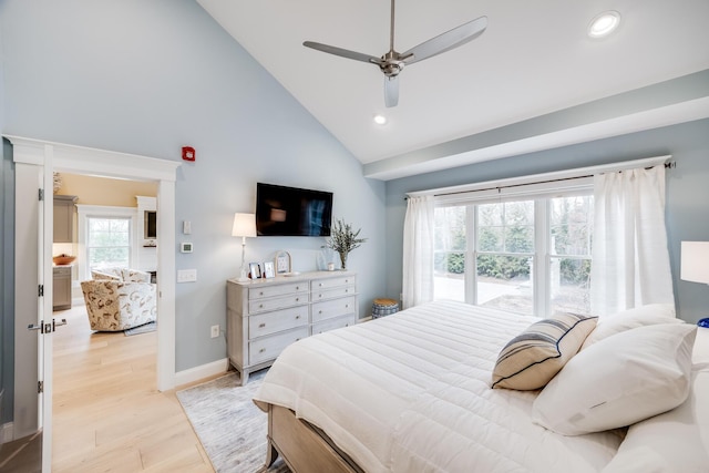 bedroom featuring high vaulted ceiling, recessed lighting, light wood-style flooring, and baseboards