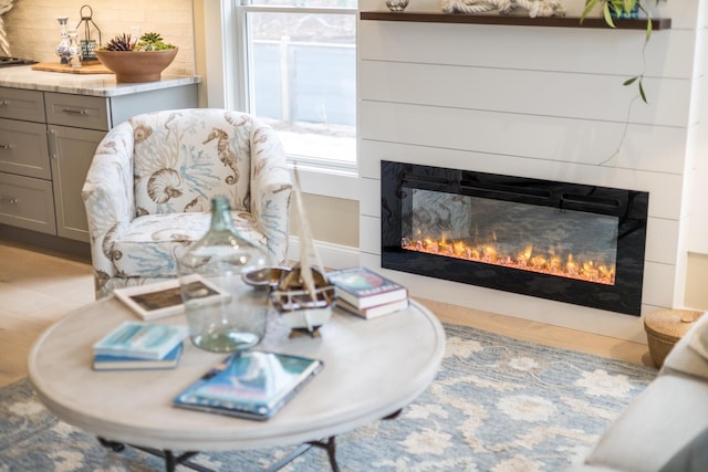 living area featuring a glass covered fireplace