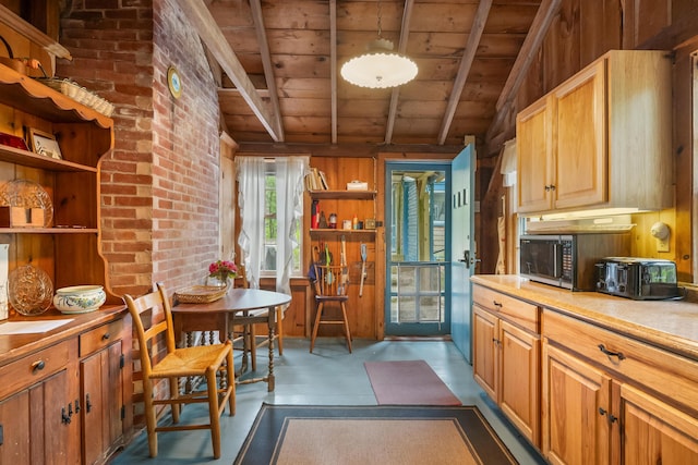 92 John Joseph Rd, Harwich, MA 02645 - kitchen featuring wooden ceiling, stainless steel microwave, light countertops, open shelves, and wooden walls