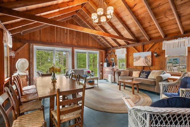 92 John Joseph Rd, Harwich, MA 02645 - living room with wood walls, a chandelier, and wood ceiling