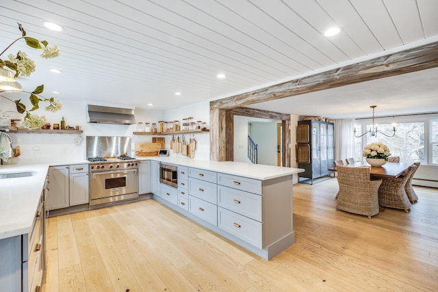 kitchen featuring stainless steel appliances, wall chimney exhaust hood, a peninsula, and open shelves