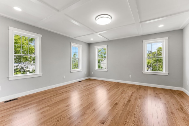 29 Sheppard Rd, Sagamore Beach, MA 02562 - empty room featuring coffered ceiling, healthy amount of natural light, light wood-style floors, baseboards, and recessed lighting