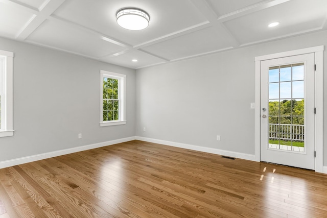 29 Sheppard Rd, Sagamore Beach, MA 02562 - spare room featuring coffered ceiling, wood-type flooring, baseboards, recessed lighting, and beam ceiling