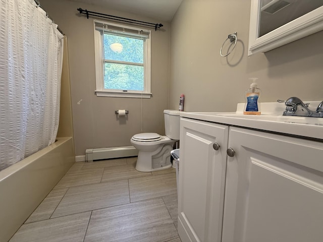 18 Staysail Cir, Marstons Mills, MA 02648 - bathroom featuring a baseboard radiator, vanity, shower / tub combo, and tile patterned floors