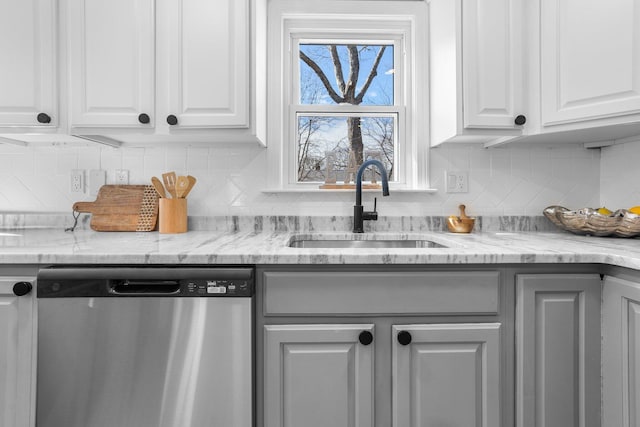 kitchen featuring dishwasher, backsplash, a sink, and white cabinets