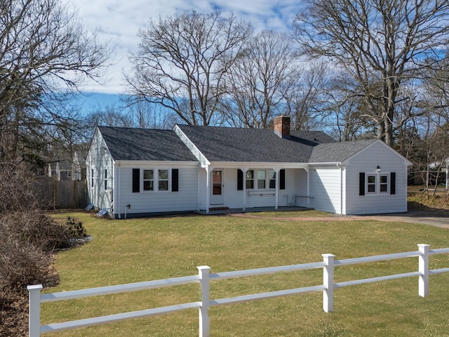 ranch-style house featuring a fenced front yard, a chimney, a shingled roof, and a front yard