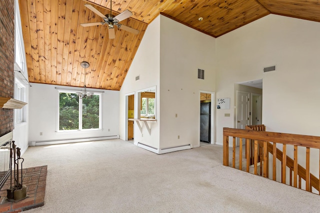 3 Waterside Dr, North Falmouth, MA 02556 - unfurnished living room featuring a baseboard radiator, light carpet, high vaulted ceiling, wooden ceiling, and a ceiling fan