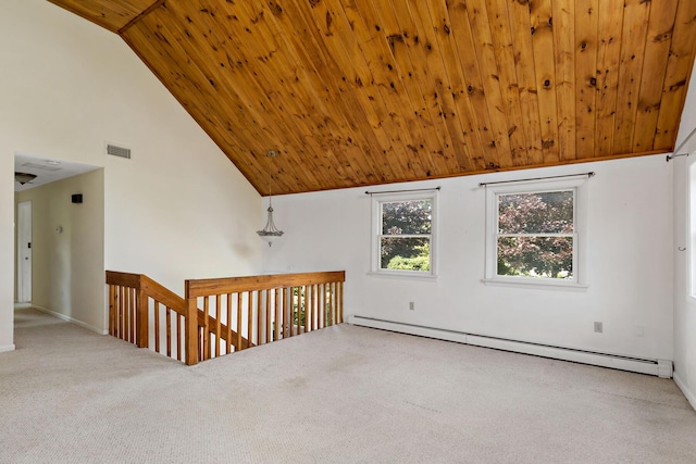 3 Waterside Dr, North Falmouth, MA 02556 - carpeted empty room featuring baseboard heating, wooden ceiling, and high vaulted ceiling