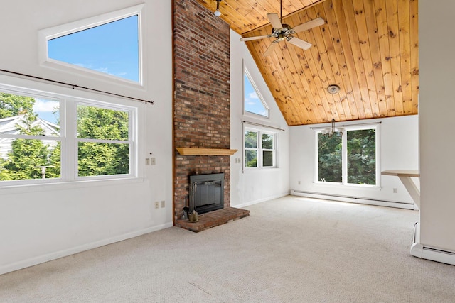 3 Waterside Dr, North Falmouth, MA 02556 - unfurnished living room featuring a baseboard heating unit, wood ceiling, high vaulted ceiling, carpet floors, and a brick fireplace
