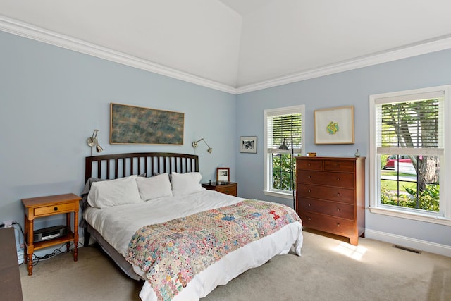 15 Berrywood Ct, Bourne, MA 02532 - carpeted bedroom with lofted ceiling, visible vents, crown molding, and baseboards