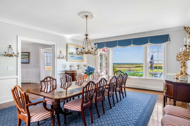 dining area featuring hardwood / wood-style flooring, a baseboard heating unit, and ornamental molding