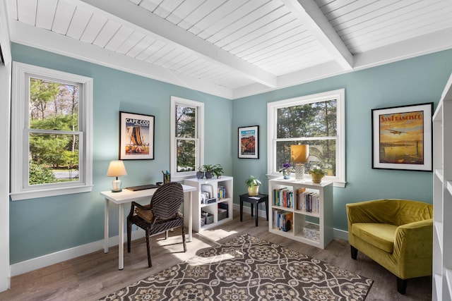 11 White Oak Trl, Centerville, MA 02632 - home office featuring beam ceiling, baseboards, wood finished floors, and wood ceiling