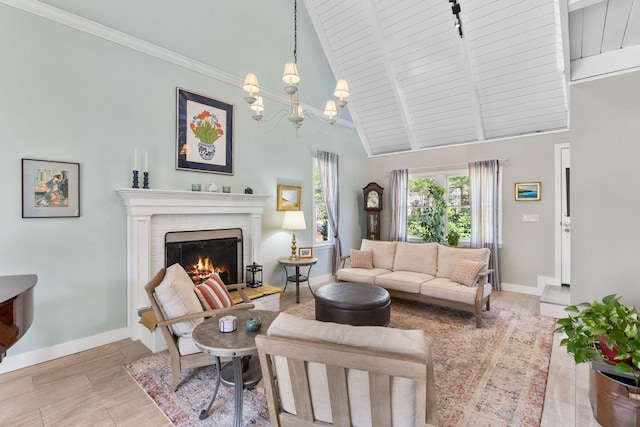 11 White Oak Trl, Centerville, MA 02632 - living room featuring high vaulted ceiling, baseboards, a brick fireplace, beamed ceiling, and a chandelier