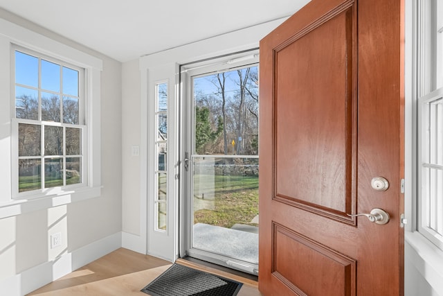 entryway featuring plenty of natural light and light hardwood / wood-style flooring