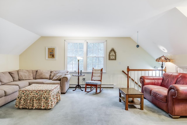 43 Owl Pond Rd, Brewster, MA 02631 - carpeted living room featuring lofted ceiling and a baseboard radiator