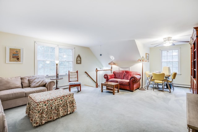 43 Owl Pond Rd, Brewster, MA 02631 - living room featuring carpet floors, ceiling fan, a baseboard heating unit, and vaulted ceiling