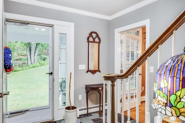 43 Owl Pond Rd, Brewster, MA 02631 - foyer featuring a baseboard radiator, ornamental molding, and wood finished floors