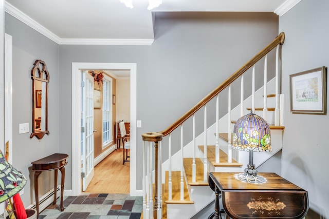 43 Owl Pond Rd, Brewster, MA 02631 - foyer featuring crown molding, a baseboard heating unit, and stairway