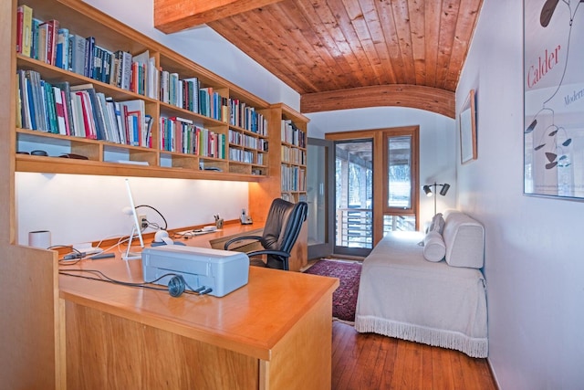 office space featuring lofted ceiling, wood ceiling, dark wood-type flooring, and built in desk