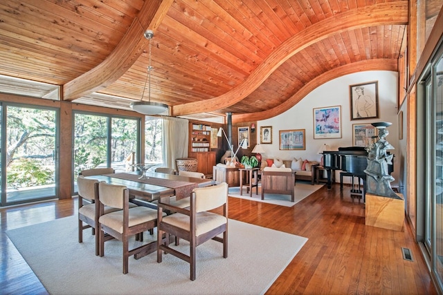 dining space with wood-type flooring, wooden ceiling, and lofted ceiling with beams