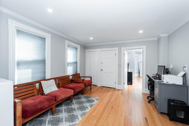 352 Bishop St, Framingham, MA 01702 - home office with light wood-style floors, crown molding, recessed lighting, and baseboards