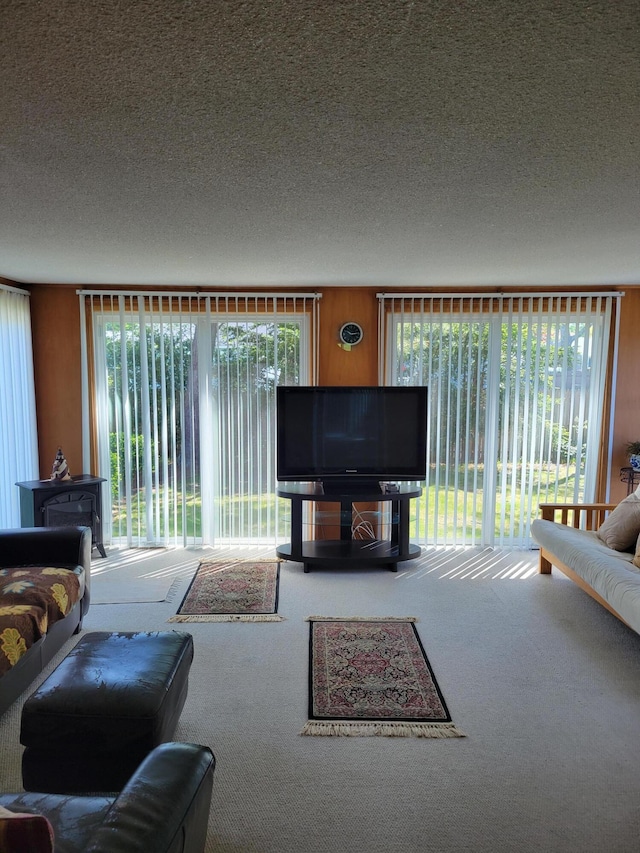 living room with plenty of natural light, a textured ceiling, and carpet floors