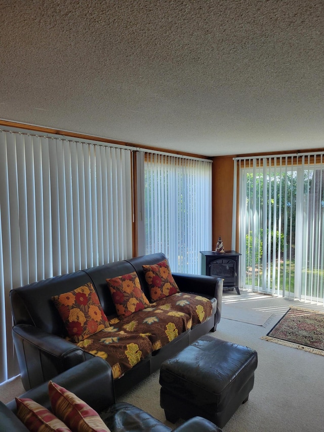 living room featuring a textured ceiling, a wood stove, and carpet