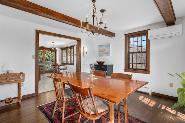 dining space featuring a chandelier, beamed ceiling, a wall unit AC, and dark wood-style flooring