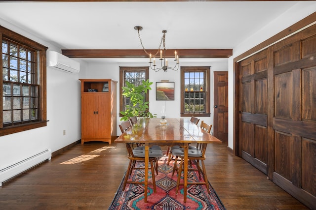 dining area with an inviting chandelier, a baseboard heating unit, a wall unit AC, and dark wood-style flooring