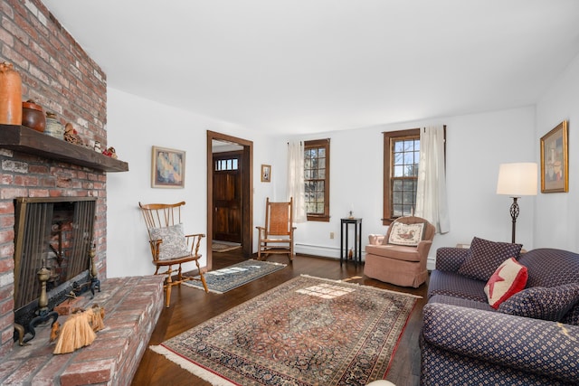 living area featuring a fireplace and wood finished floors