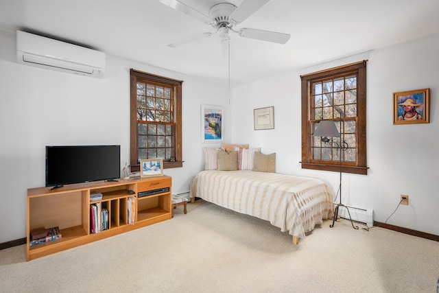 carpeted bedroom with baseboards, baseboard heating, ceiling fan, and a wall unit AC