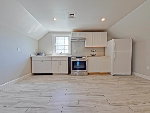 23 Old Barnstable Rd, East Falmouth, MA 02536 - kitchen with visible vents, stainless steel gas range oven, freestanding refrigerator, lofted ceiling, and under cabinet range hood