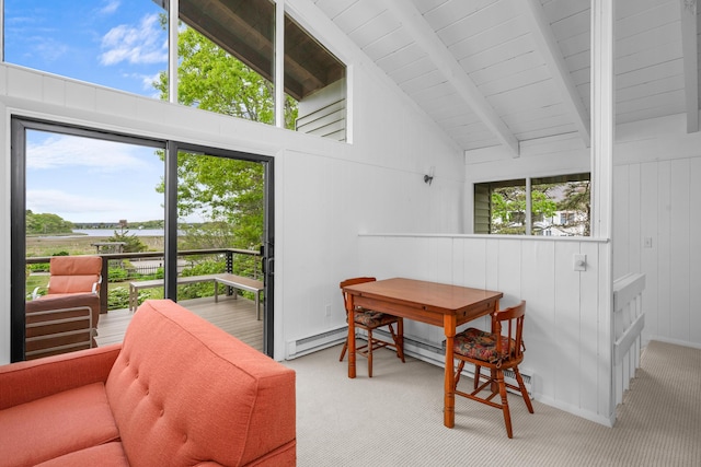128 Whippoorwill Cir, Mashpee, MA 02649 - dining space featuring carpet, a water view, and wood walls