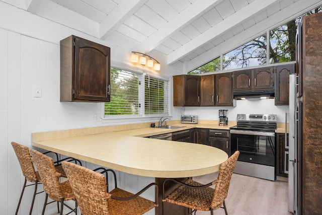 128 Whippoorwill Cir, Mashpee, MA 02649 - kitchen with electric stove, a peninsula, dark brown cabinets, under cabinet range hood, and light wood-type flooring